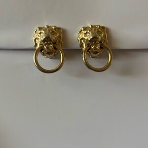 Gold Tone Lion Head Door Knocker Clip-On Earrings